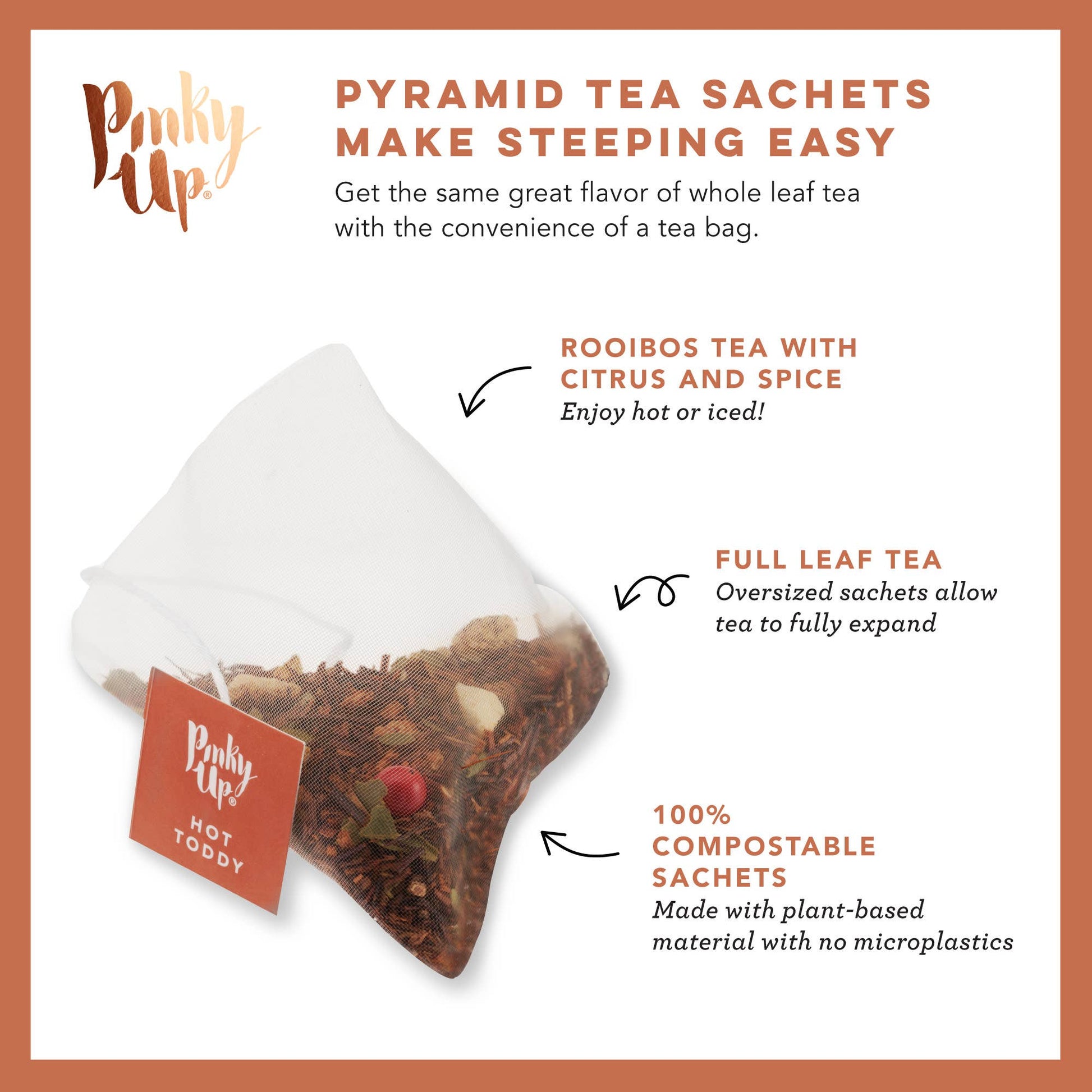 Tea sachet with Rooibos tea flavor and compostable packaging details on a white background.