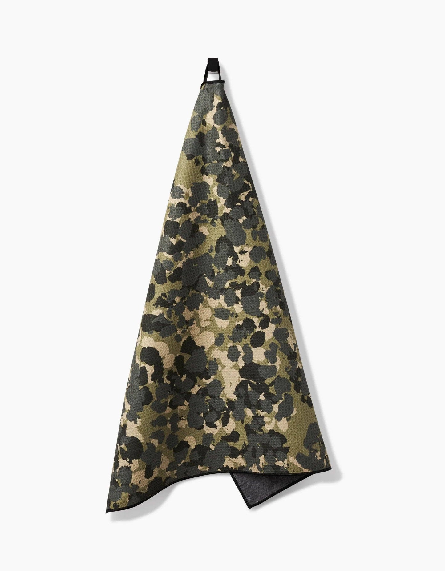 Geometry Dog Towel Camouflage-patterned towel with black trim on a white background