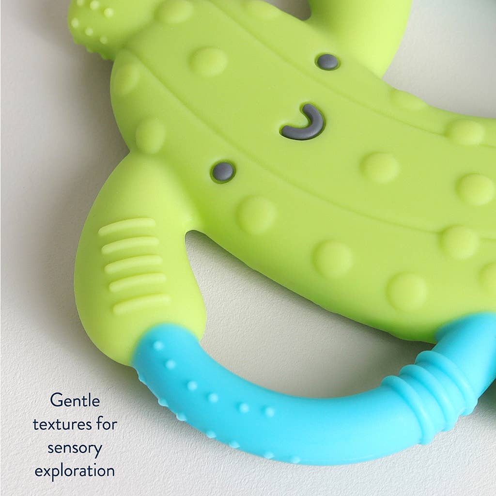 Green and blue teething pickle toy with text 'Gentle textures for sensory exploration' on a light background