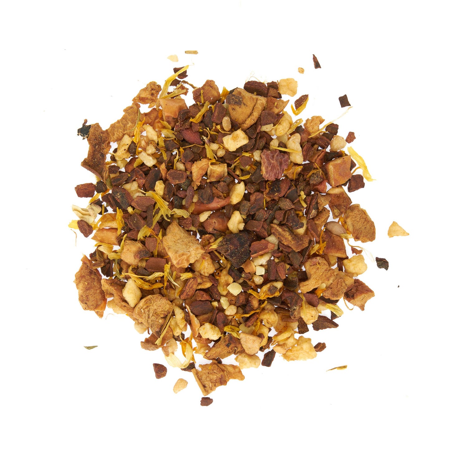 Heap of dried herbs and spices on a white background