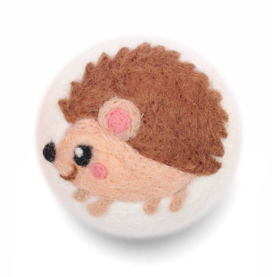 Felted hedgehog dryer ball on a white background