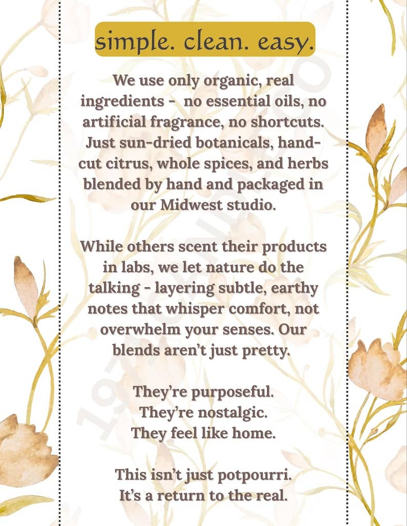 A text-heavy product information card with the heading 'simple. clean.