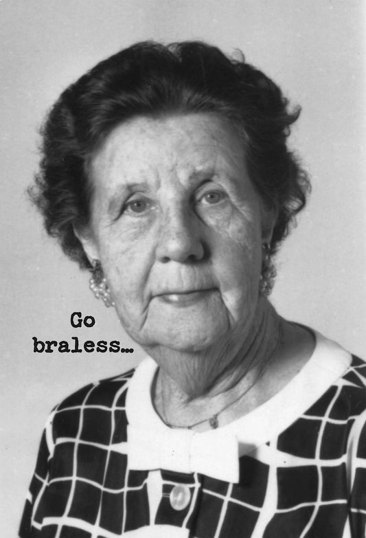 Black and white photo of an elderly woman with text overlay
