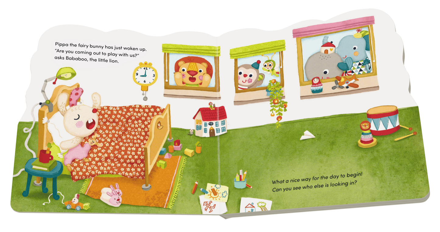 Children's book open to a page with illustrations of a bedroom and toys.