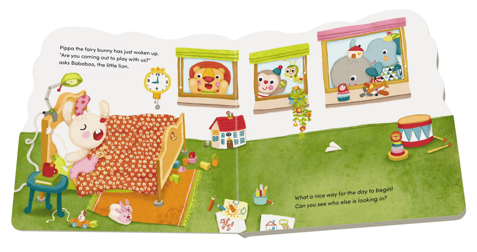 Children's book open to a page with illustrations of a bedroom and toys.