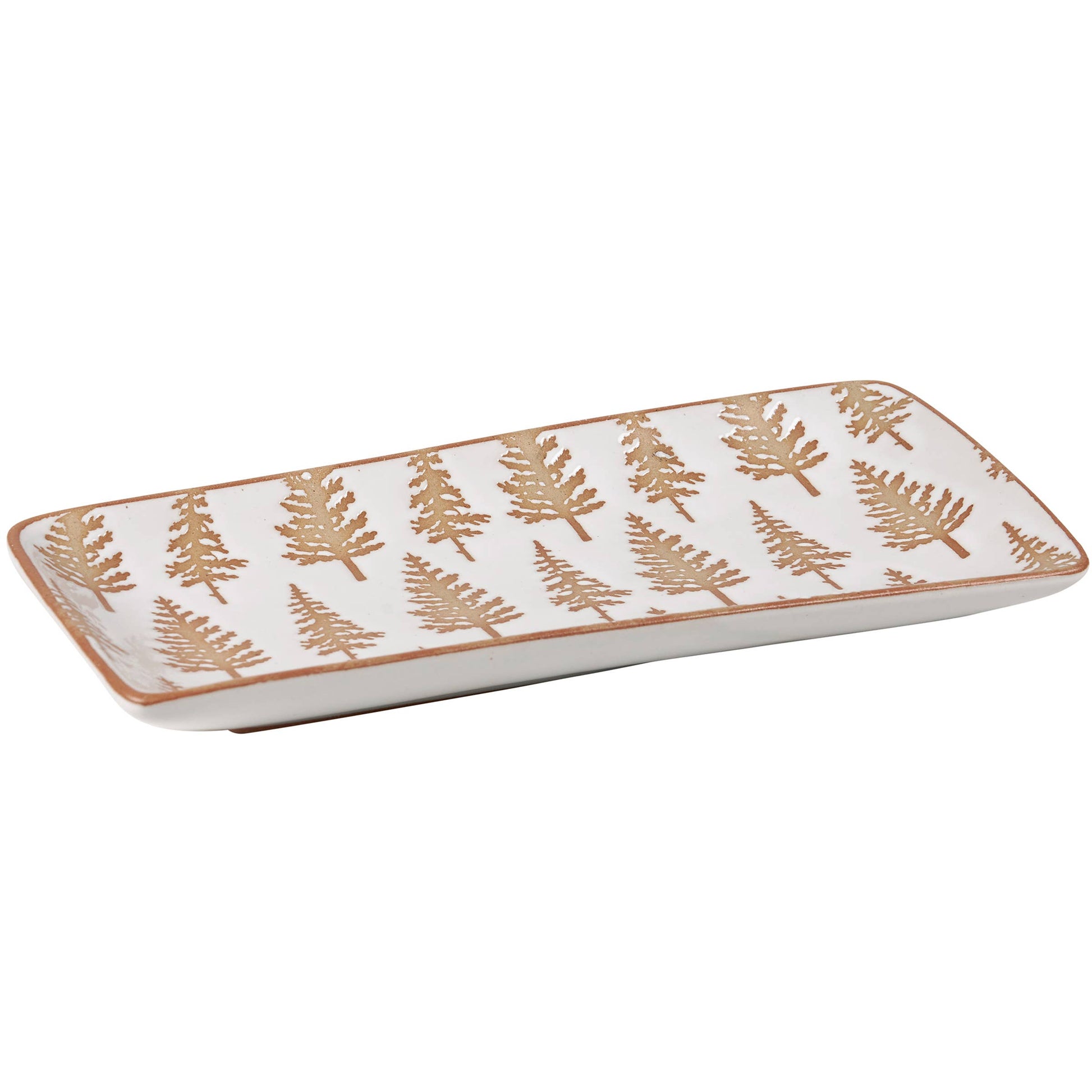Rectangular ceramic tray with gold tree pattern on a white background