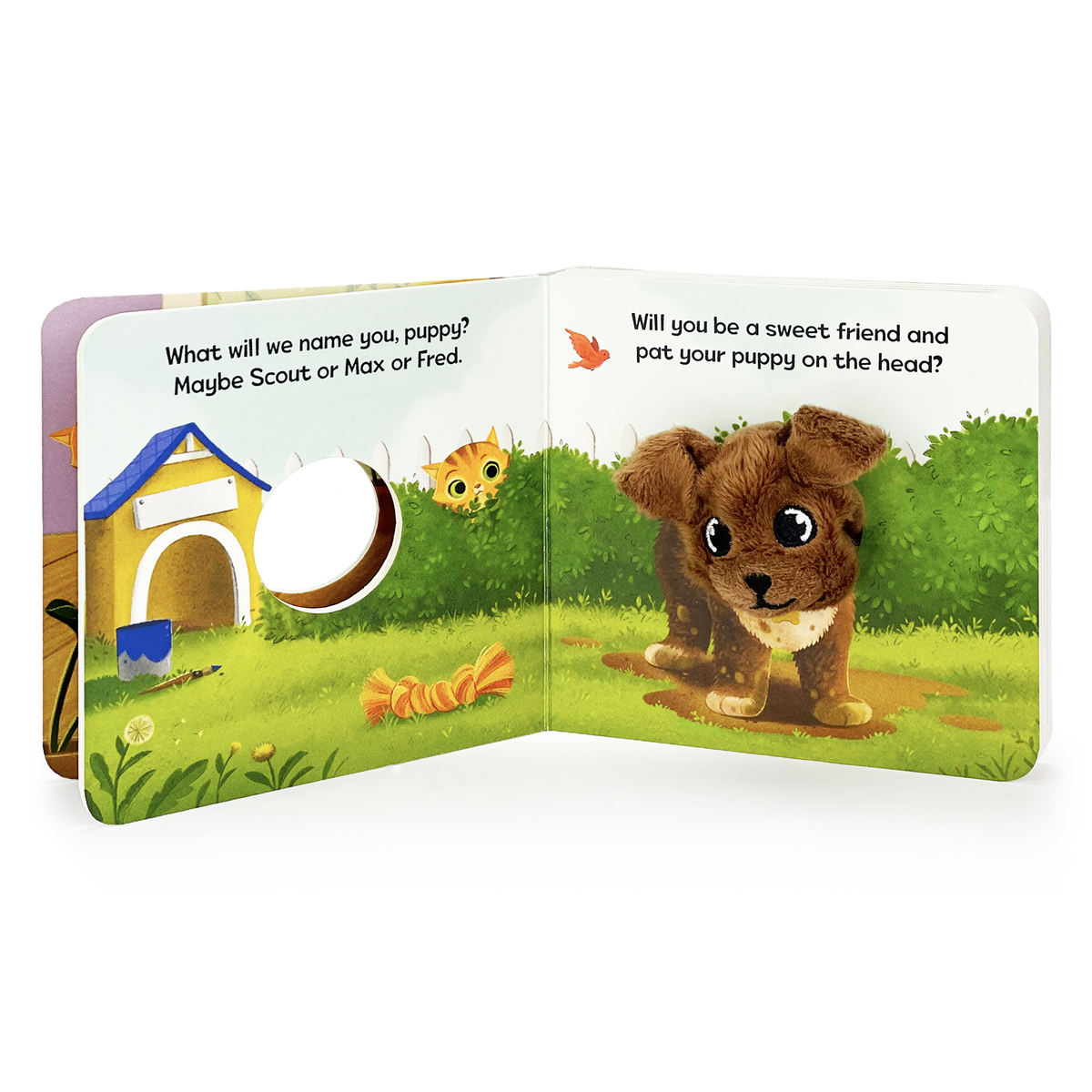 Open children's book with a puppy illustration and text on a white background