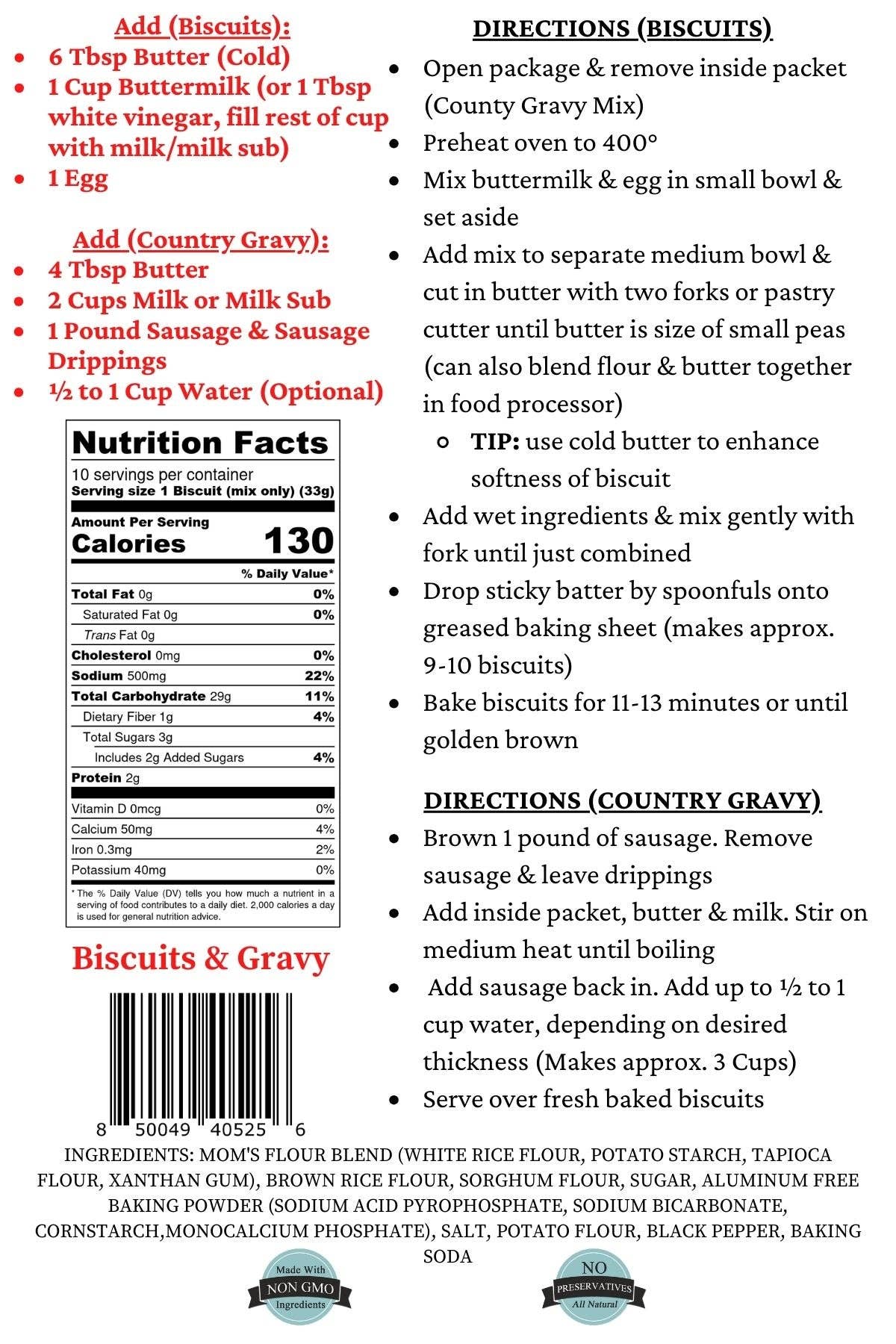 Biscuit and country gravy recipe card with nutritional information and ingredients.