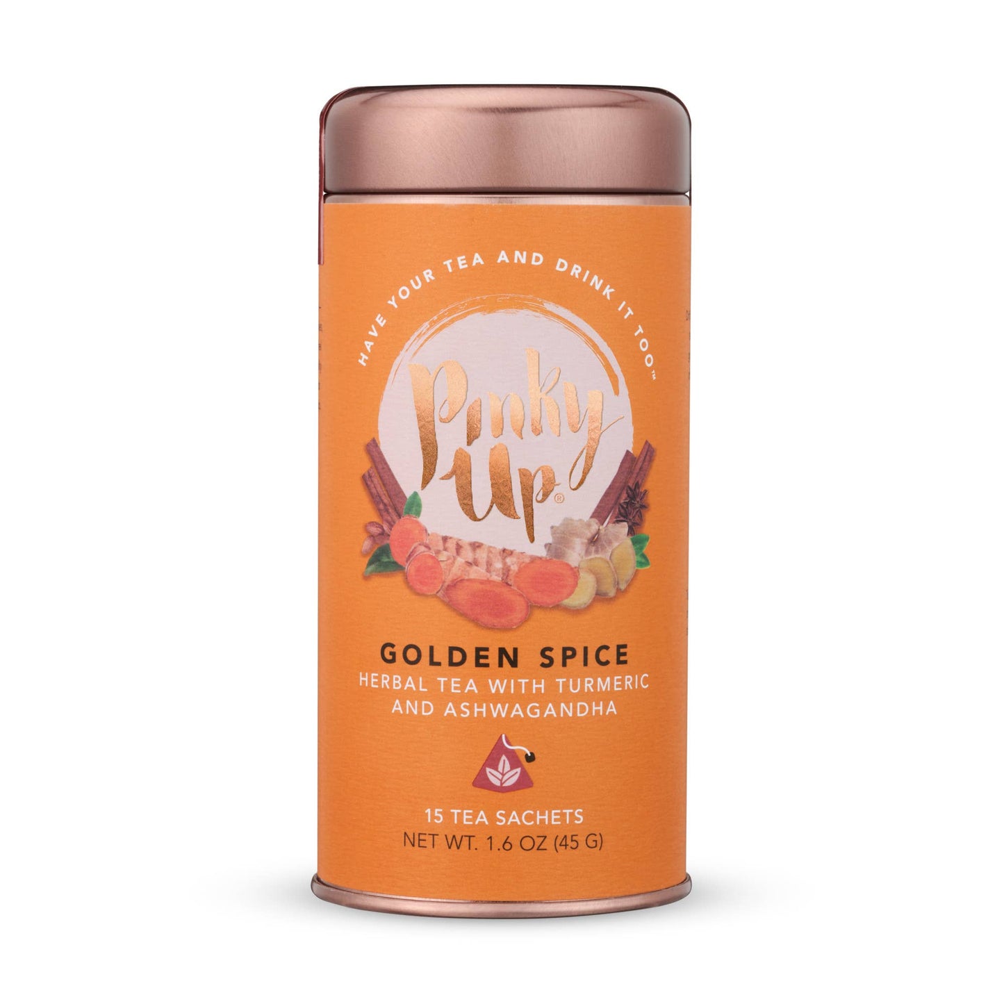 Orange tea canister with 'Pinky Up' branding on a white background