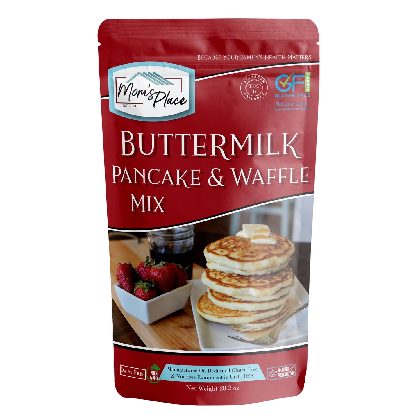 Mom's Place Buttermilk Pancake & Waffle Mix packaging on a white background
