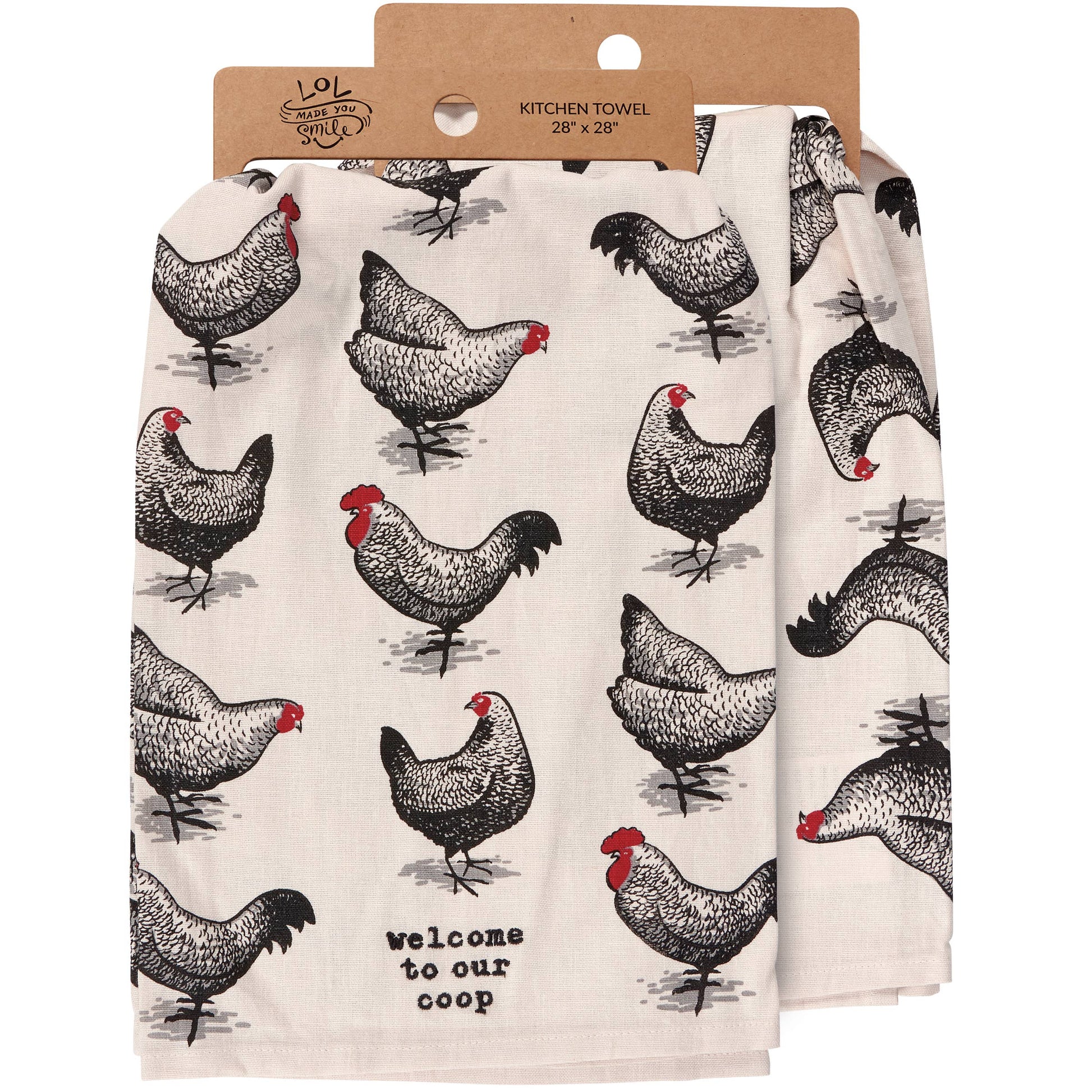 Kitchen towel with chicken pattern and 'Welcome to our coop' text, displayed on a white background.