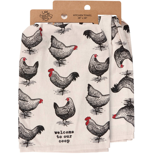 Kitchen towel with chicken pattern and 'Welcome to our coop' text, displayed on a white background.