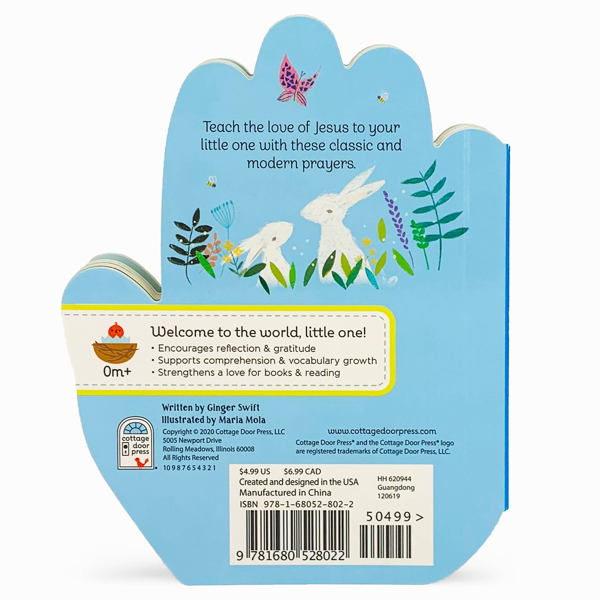 Product packaging with illustrations of bunnies and flowers, text about teaching the love of Jesus, and branding information.