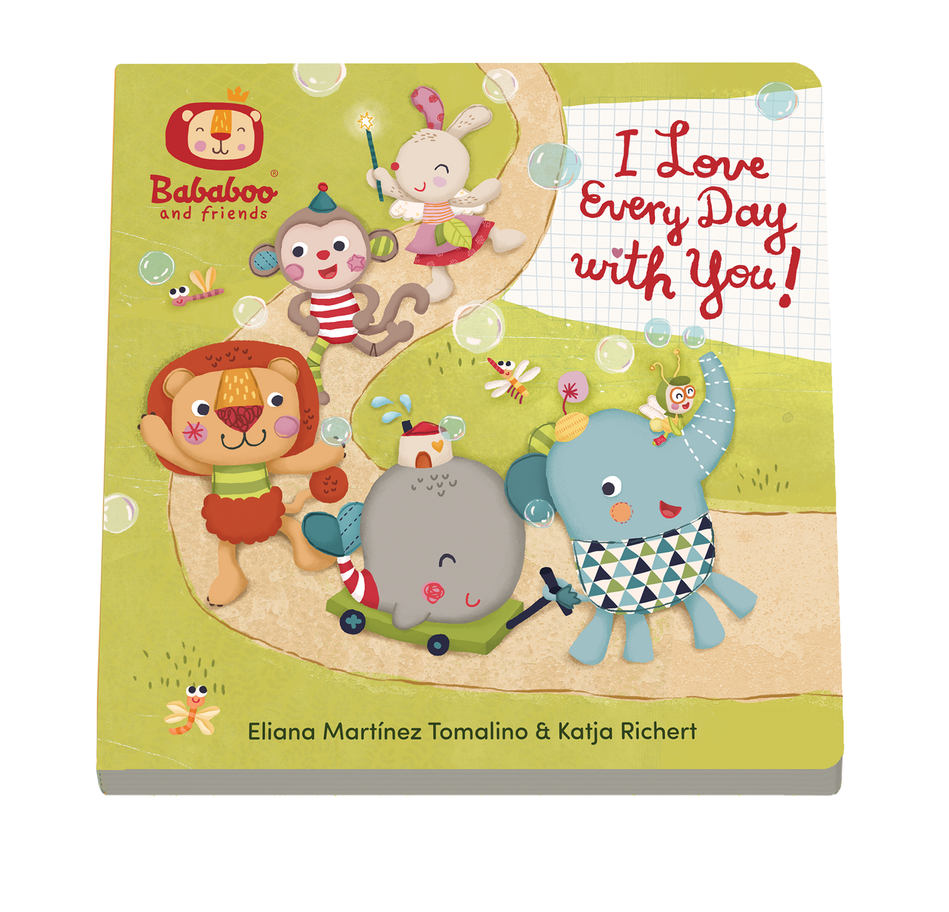 Children's book cover with cartoon animals and text 'I Love Every Day with You!' on a green background