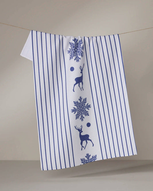 Geometry Tea towel with blue stripes and deer snowflake design on a beige background