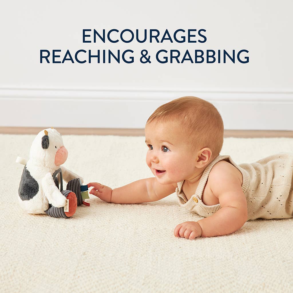 Baby lying on a carpeted floor with a plush toy, text 'ENCOURAGES REACHING & GRABBING' above.