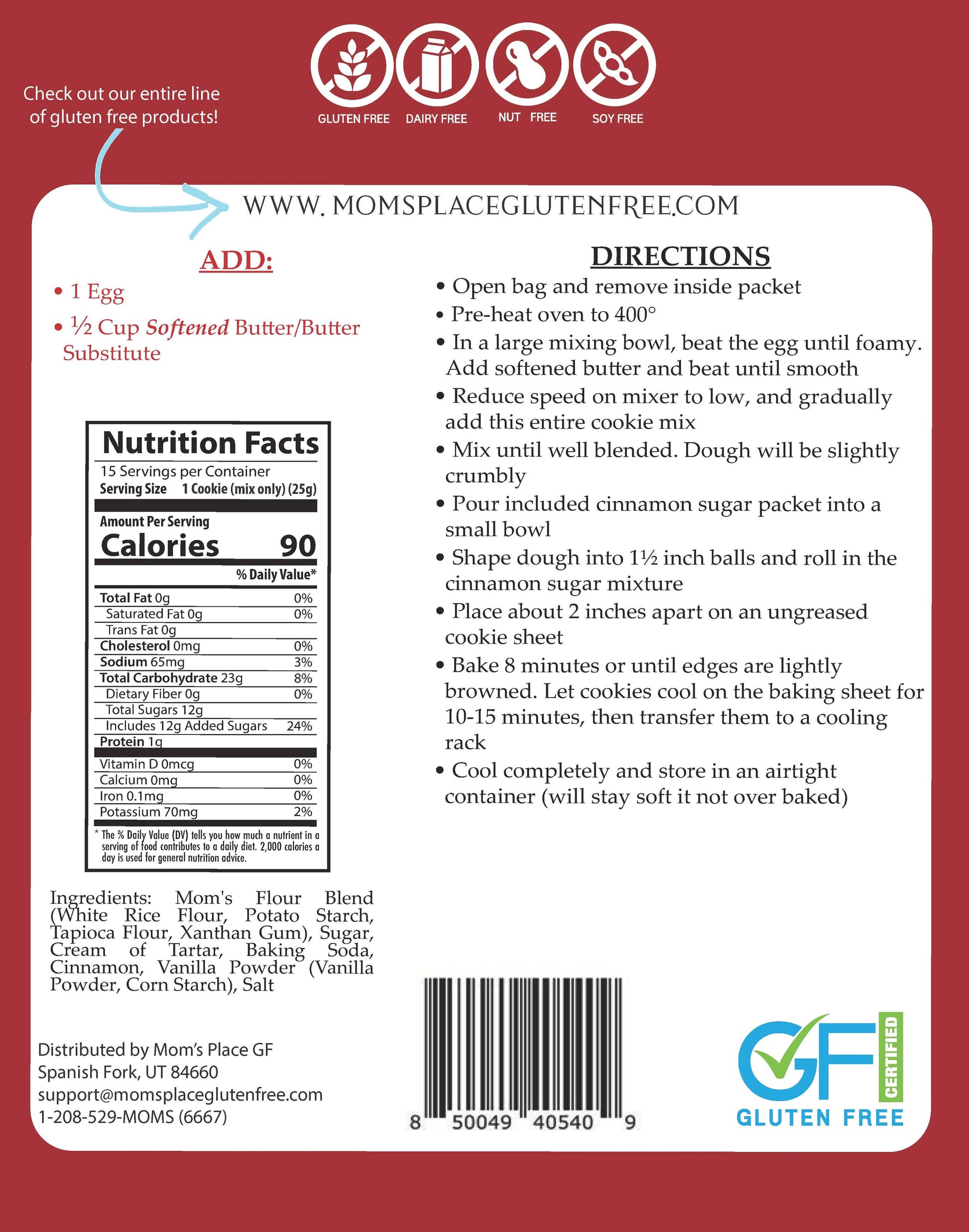 Back of a cookie package with nutrition facts, directions, and gluten-free certification label.