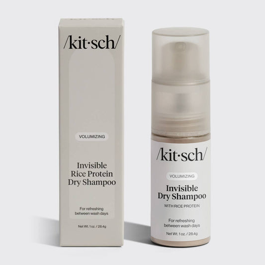 The image shows a packaged and pump bottle of Kitsch Volumizing Invisible Rice Protein Dry Shampoo, indicating it is for refreshing between wash days.