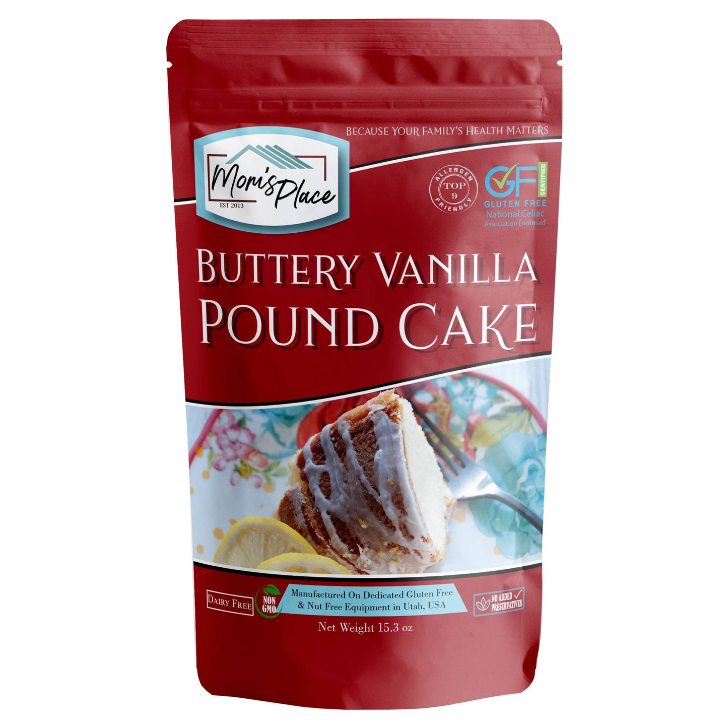 Mom's Place Buttery Vanilla Pound Cake package on a white background
