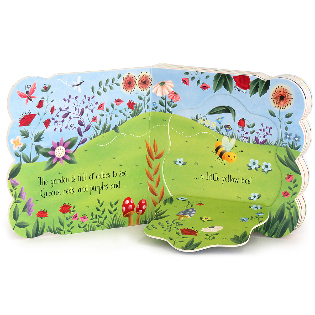 Children's book with a garden illustration and bee on a white background