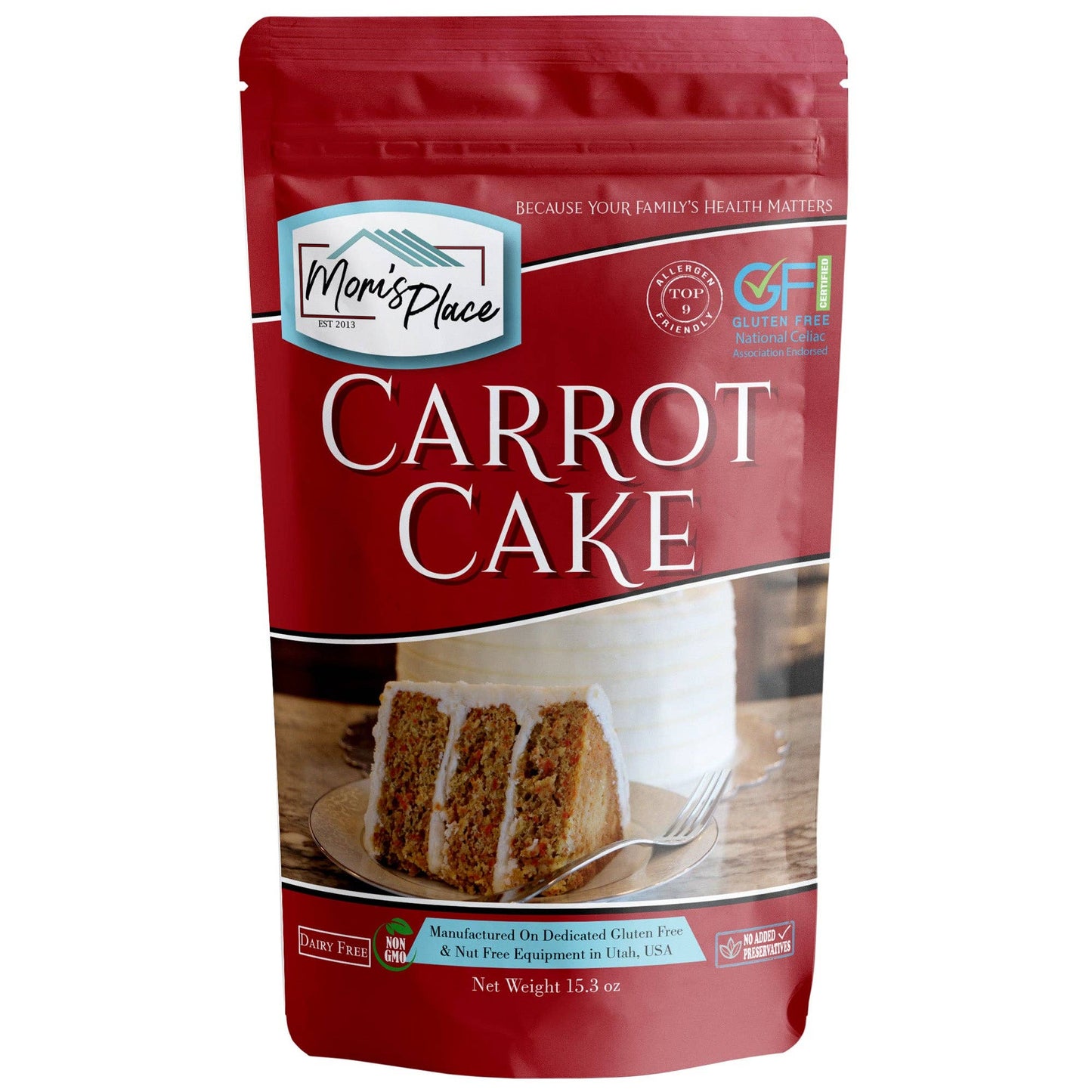 Mom's Place Carrot Cake package on a white background