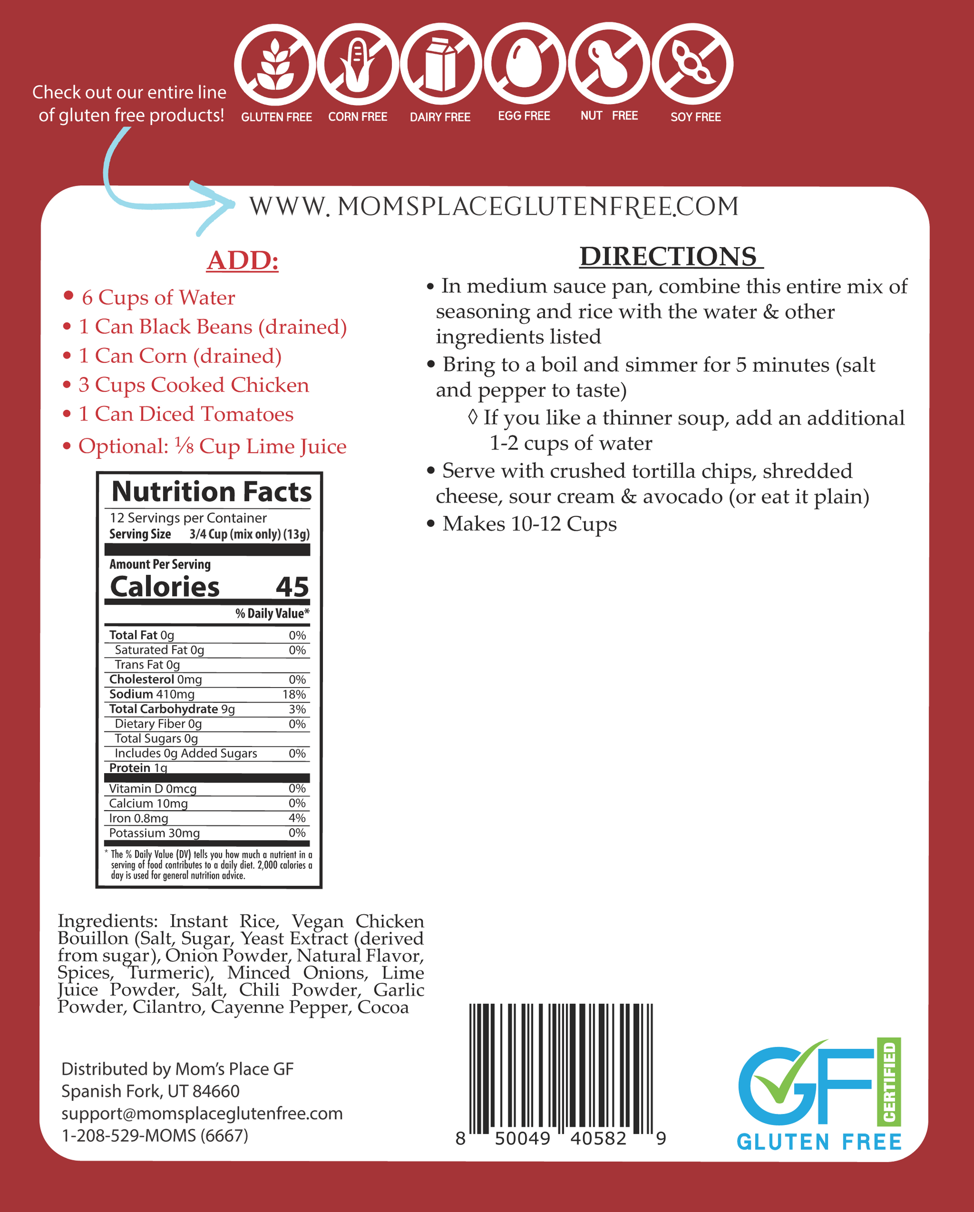 Back of a gluten-free product packaging with nutritional information, ingredients, and directions.