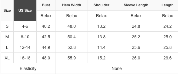 Table showing size chart for clothing measurements with US size, bust, hem width, shoulder, sleeve length, and length columns.