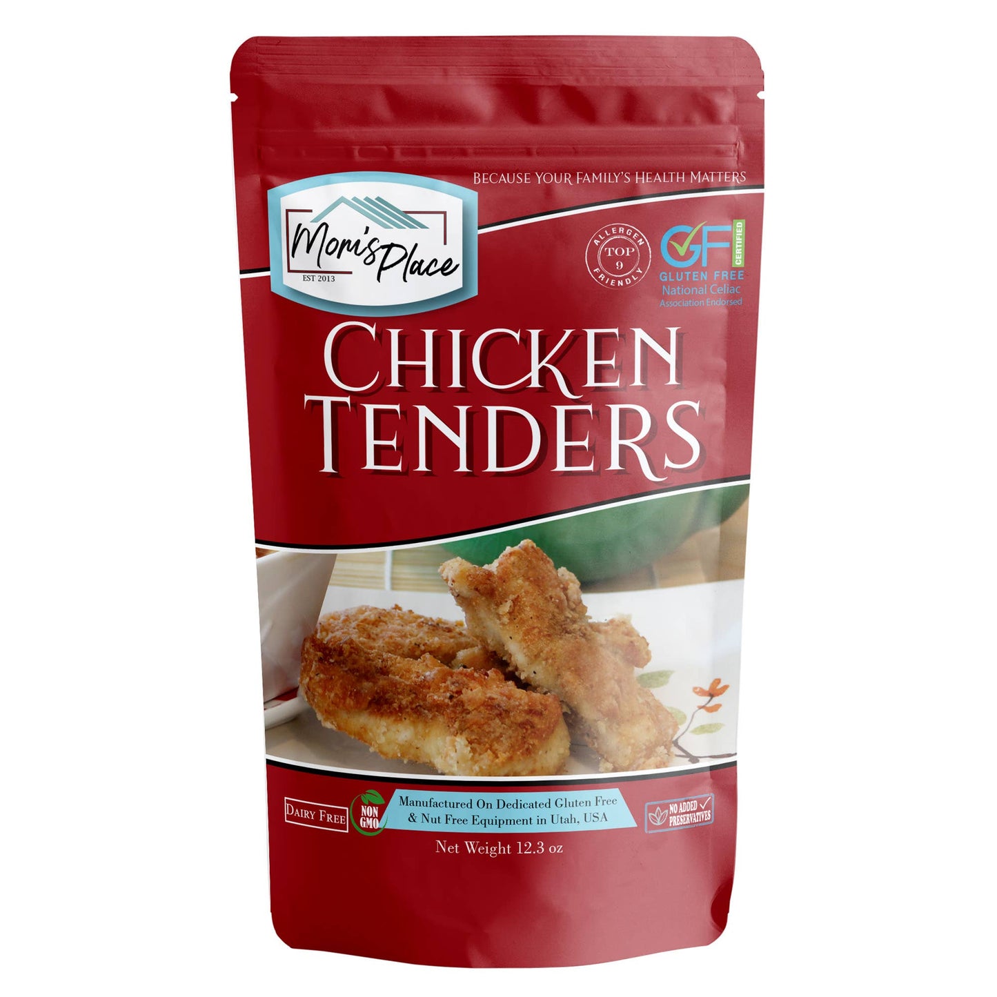 Package of Mom's Place Chicken Tenders on a white background