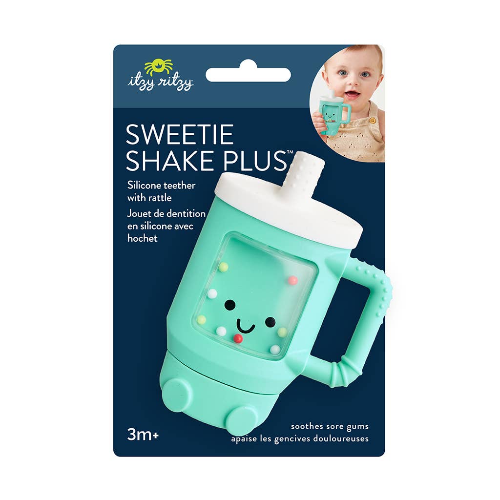 Package of itzy ritzy Sweetie Shake Plus silicone teether with rattle on a white background