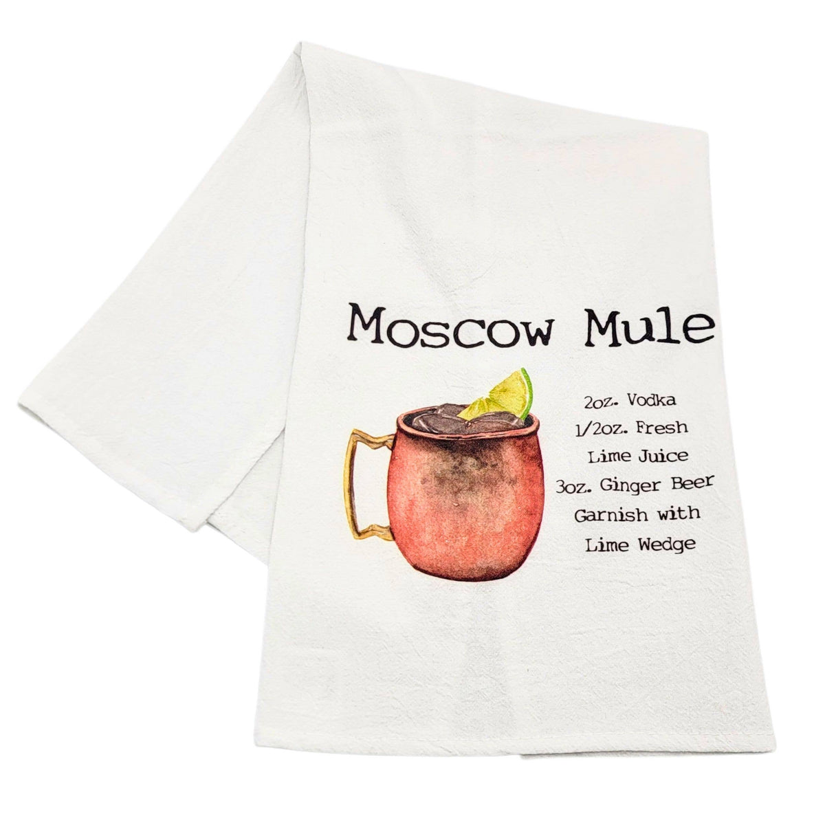 Tea towel with Moscow Mule recipe and illustration on a white background