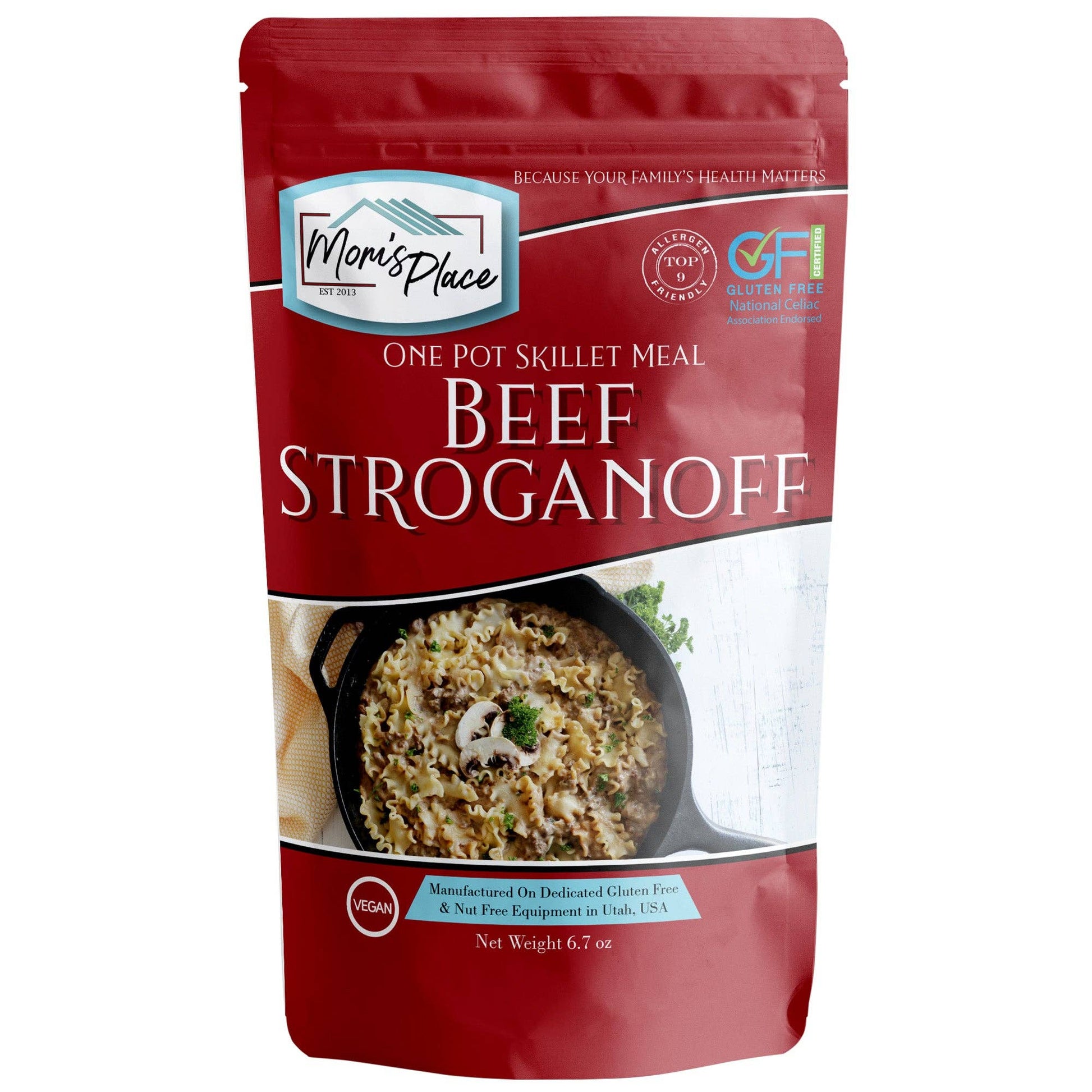 Mom's Place Beef Stroganoff one pot skillet meal package on a white background