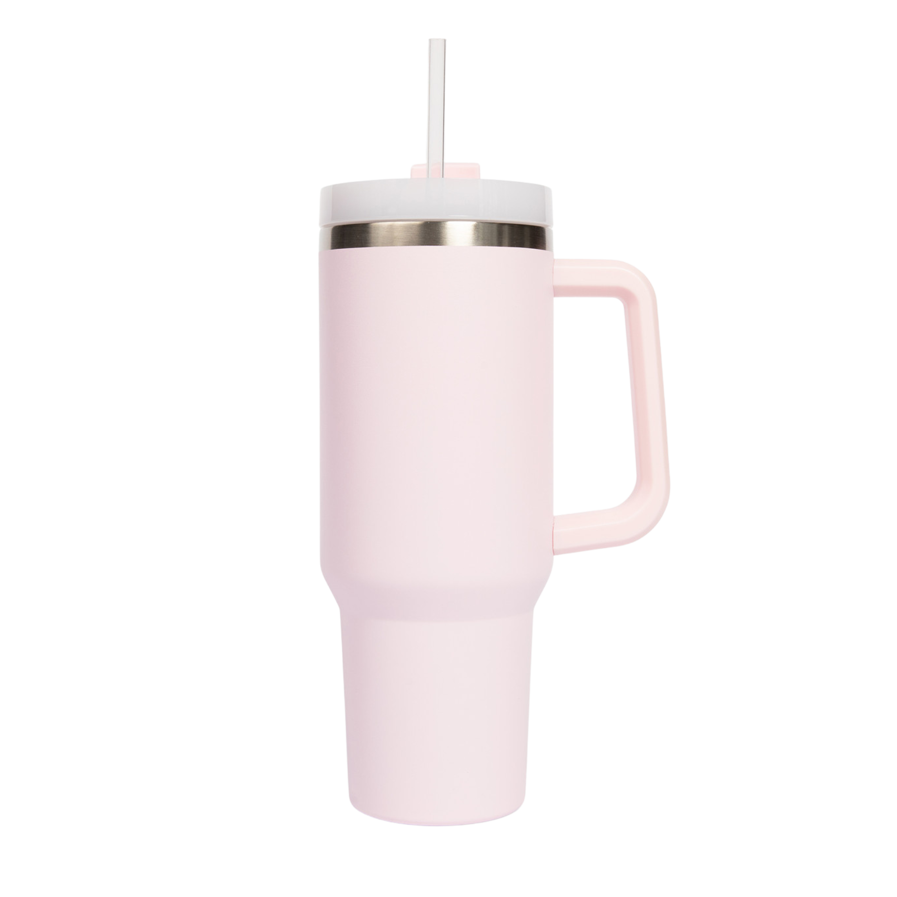 Pink tumbler with a handle and straw on a white background