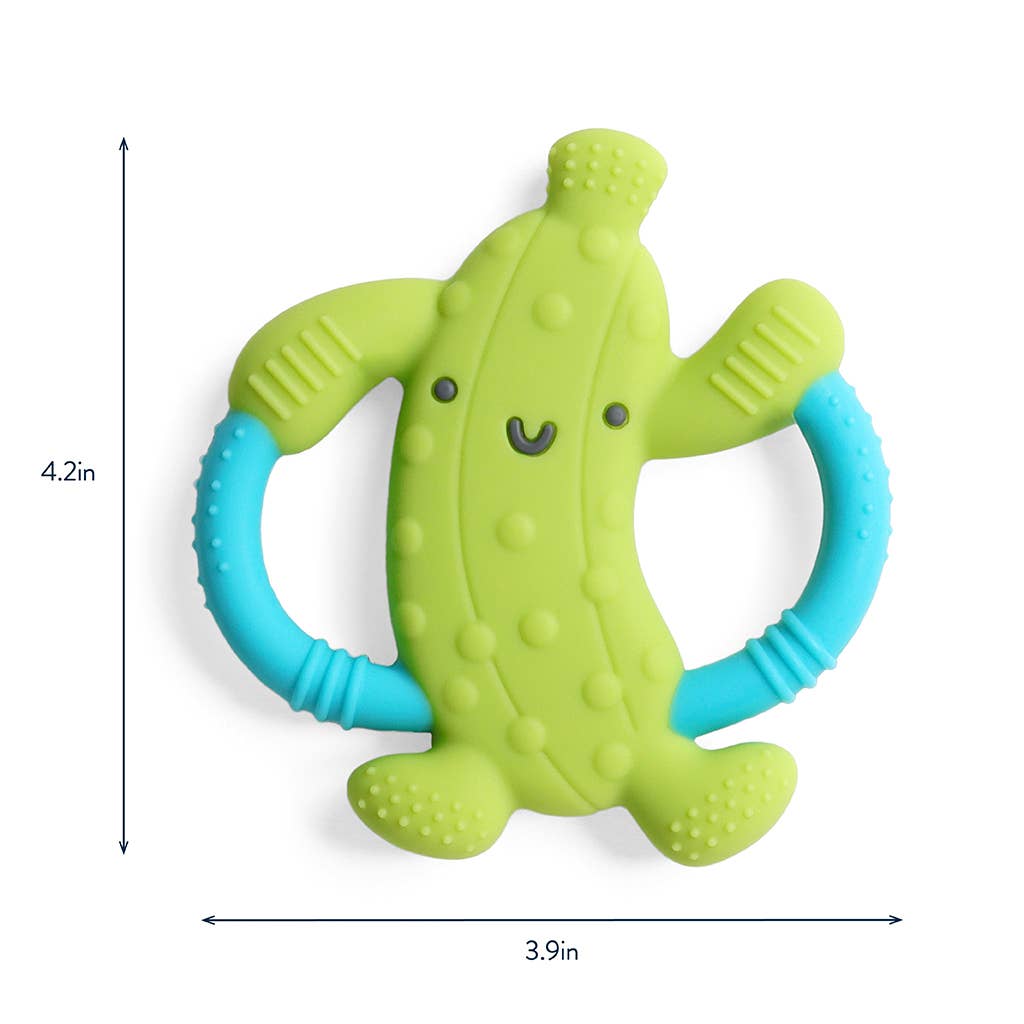 Green and blue teething pickle toy with dimensions on a white background