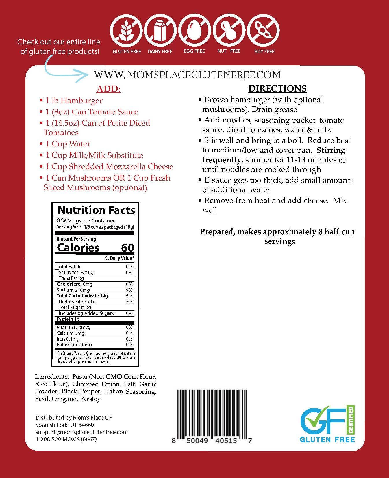 Back of a food package with nutrition facts, directions, and gluten-free certification on a red background.