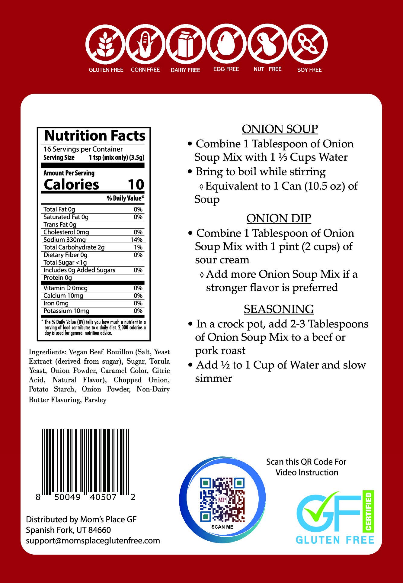Mom’s Gluten-Free Onion Soup Mix, Dairy-Free, Allergen-Free