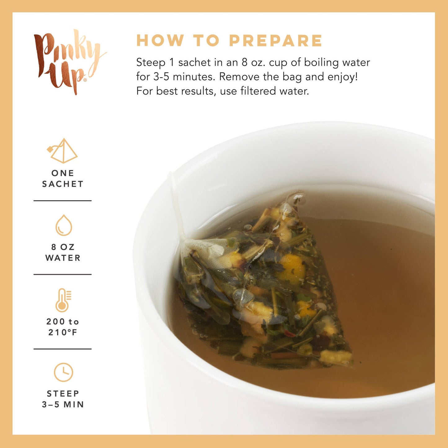 Tea bag steeping in a cup with preparation instructions on a white background