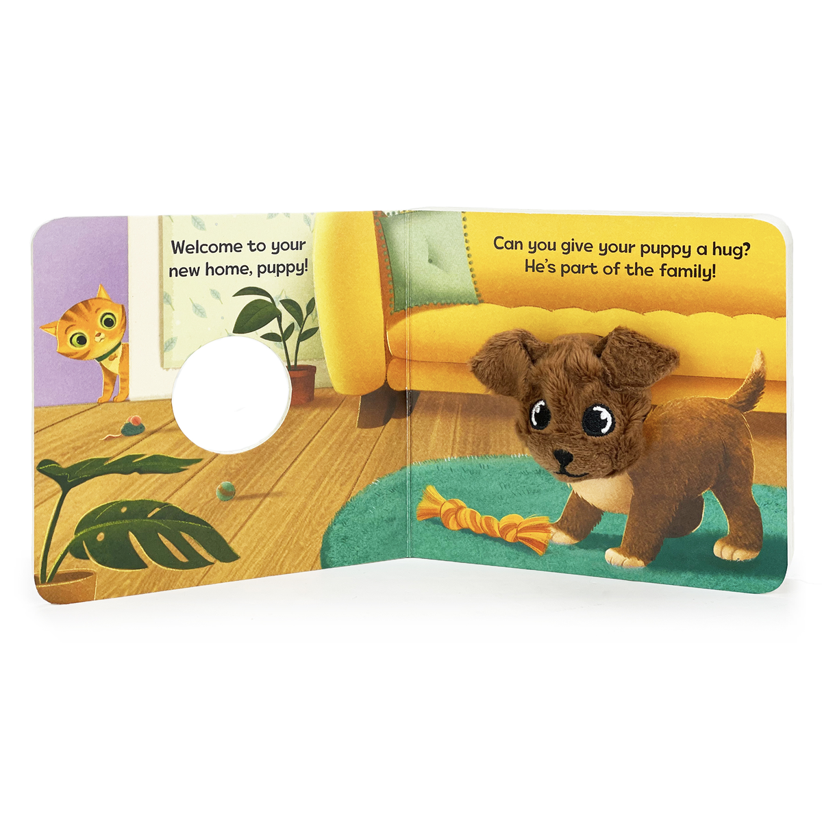 Children's book page with a puppy and cat in a home setting