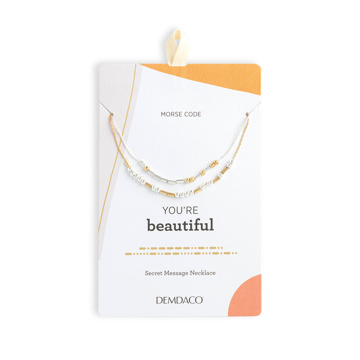A double-strand beaded necklace with gold and silver beads, displayed on a white and orange card that reads 'MORSE CODE YOU'RE beautiful' with the brand 'DEMDACO' at the bottom.