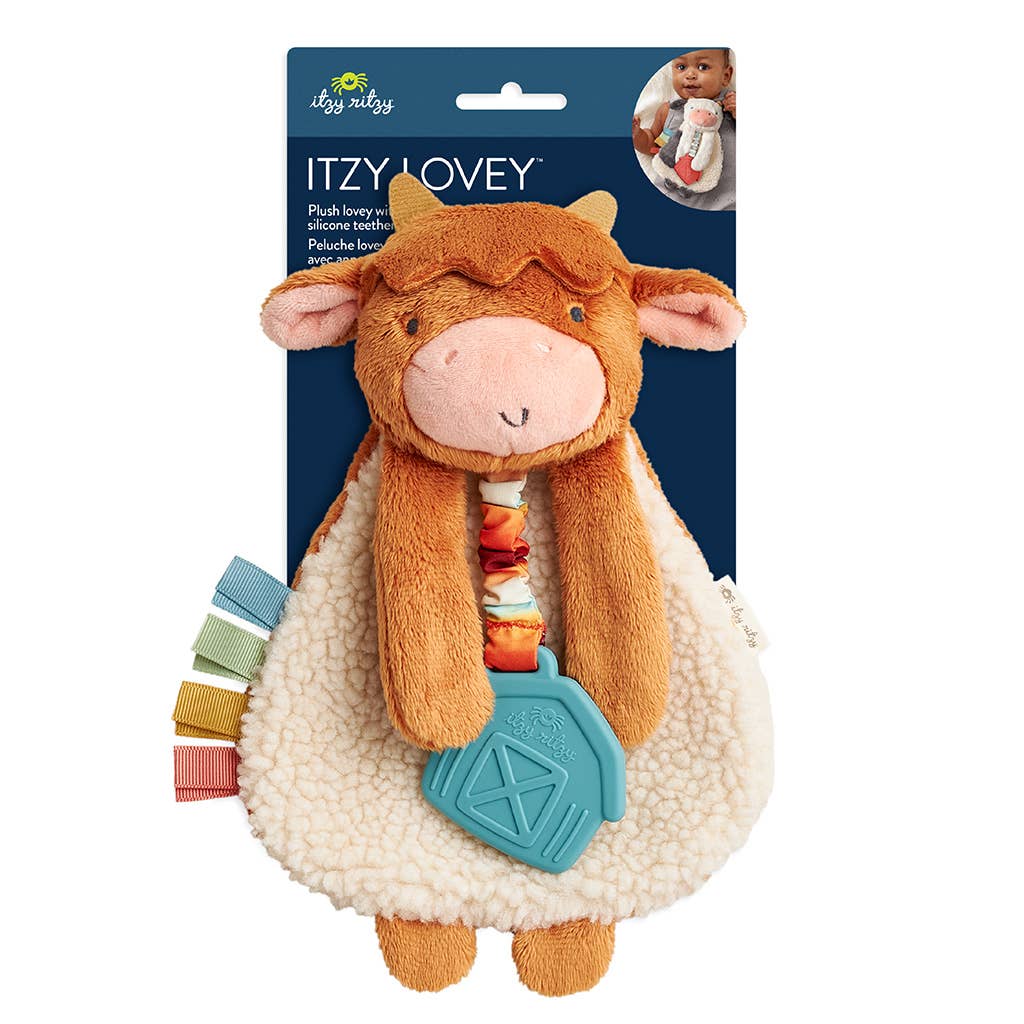 Highland Cow Plush toy with a blue teether and packaging labeled 'Itzy Lovey' on a white background