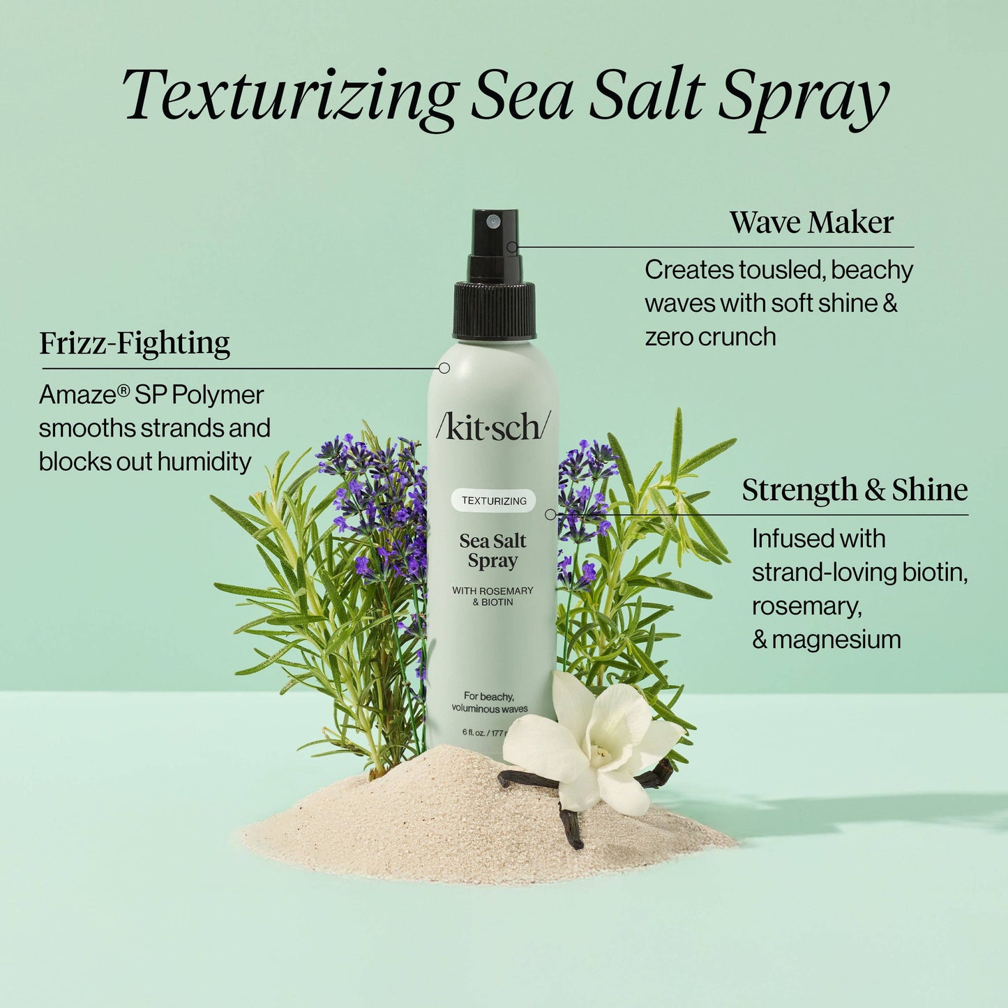 Texturizing Sea Salt Spray bottle with botanical elements on a light green background