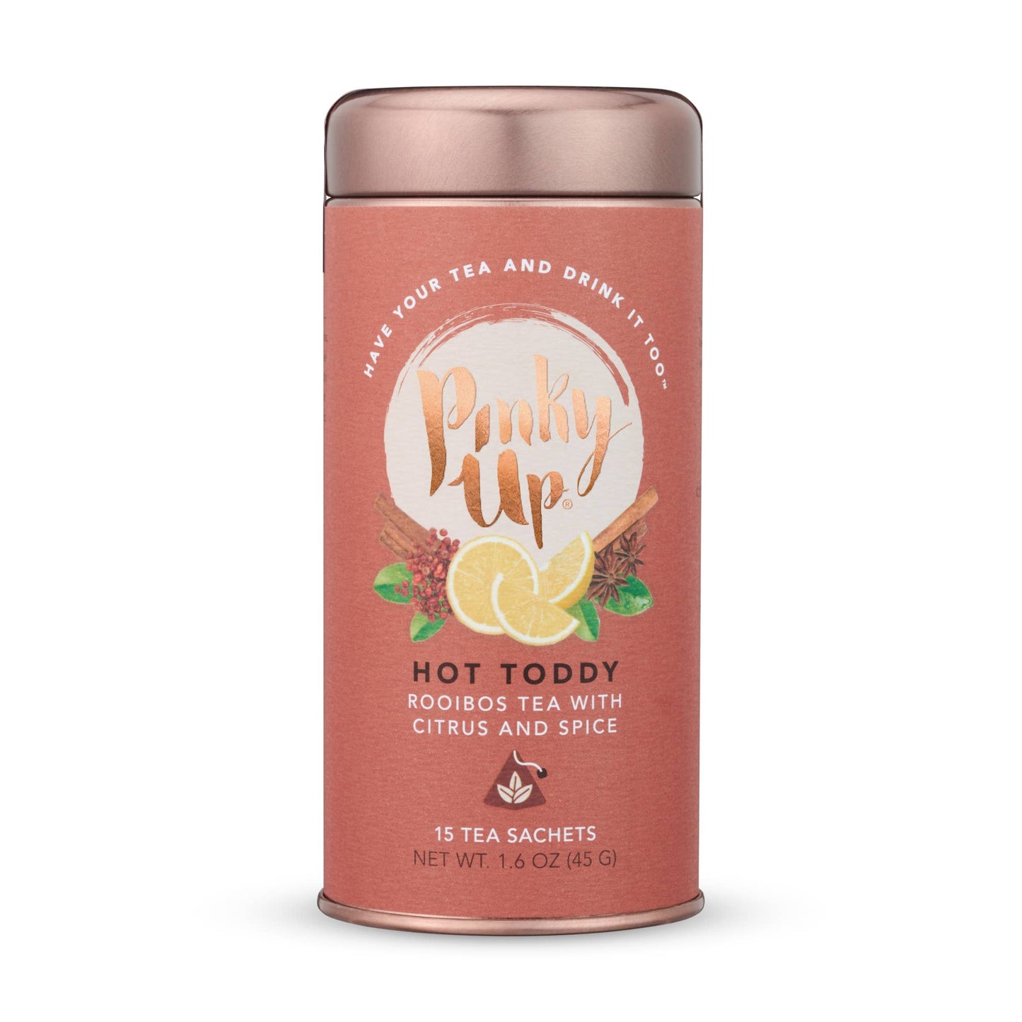 Tea canister labeled 'Pinky Up' with a rose gold lid on a white background