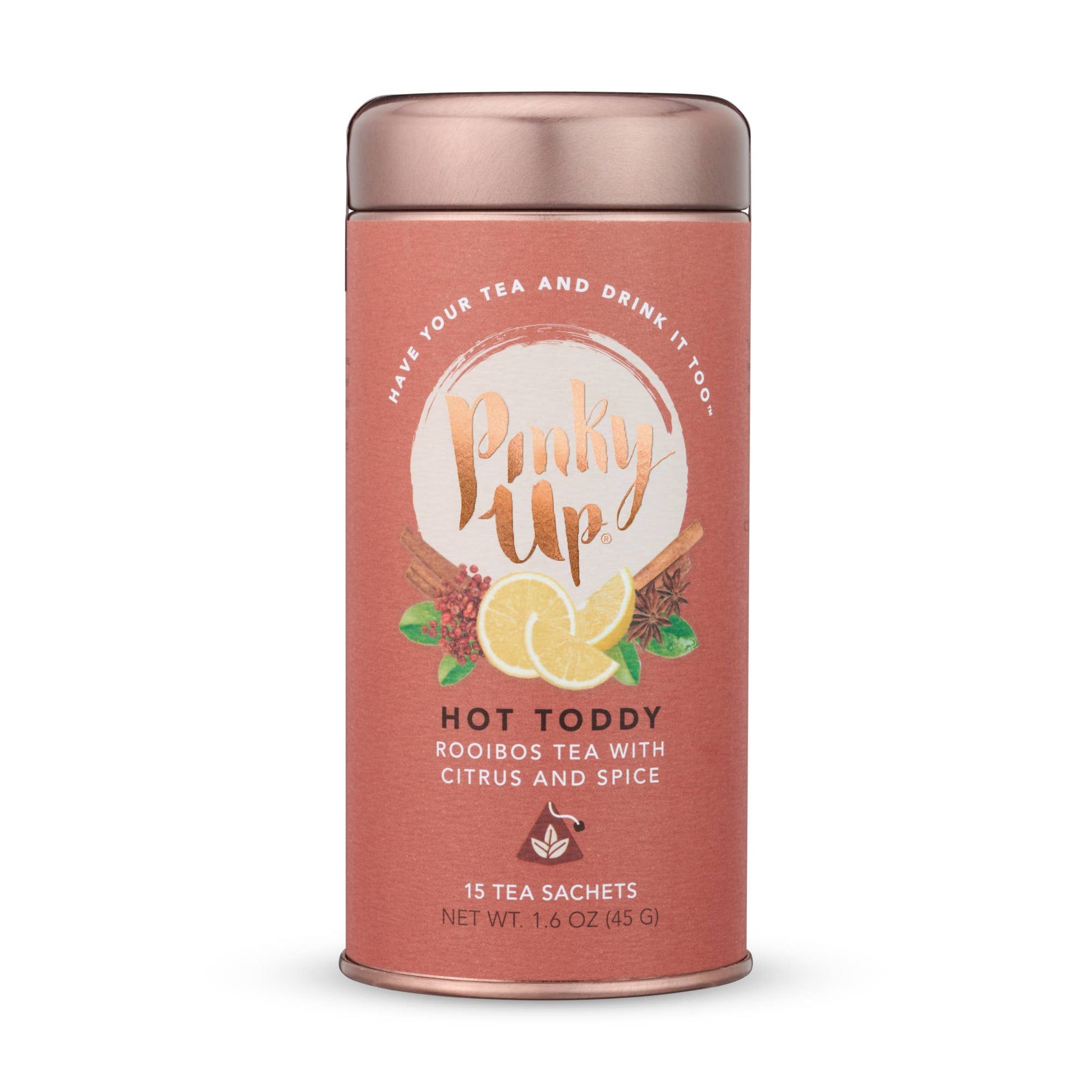 Tea canister labeled 'Pinky Up' with a rose gold lid on a white background