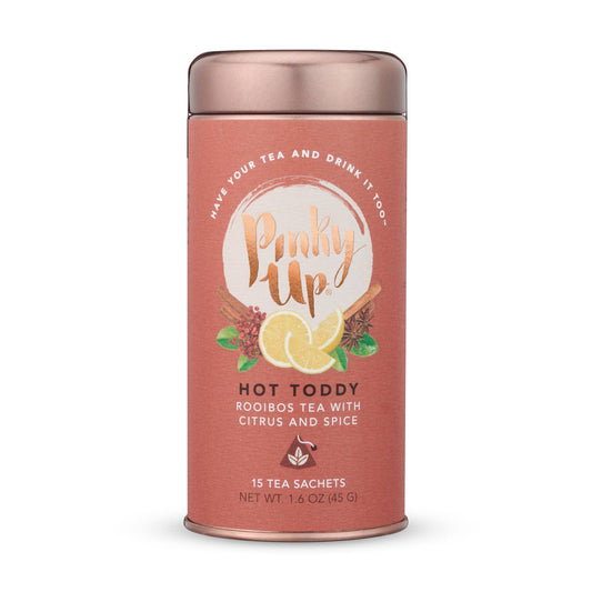 Tea canister labeled 'Pinky Up' with a rose gold lid on a white background