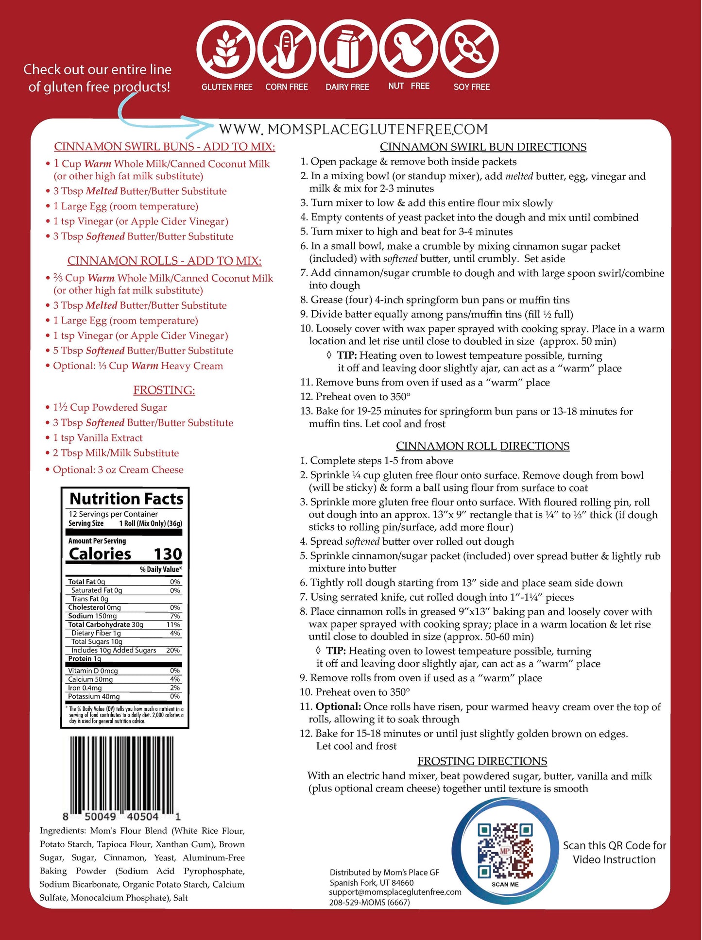 Back of a cinnamon roll package with nutritional information and QR code on a red background