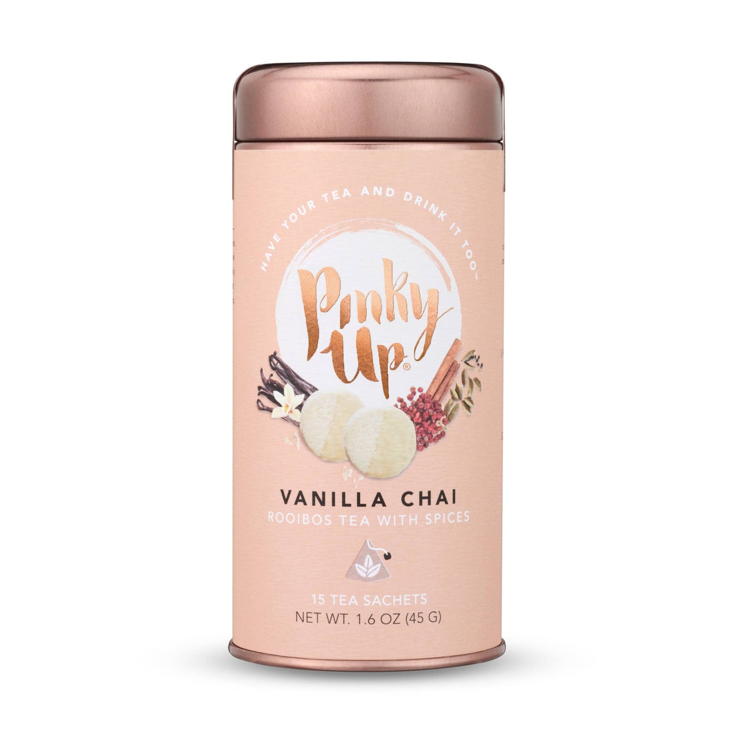 Pink tea canister with 'Pinky Up' branding on a white background