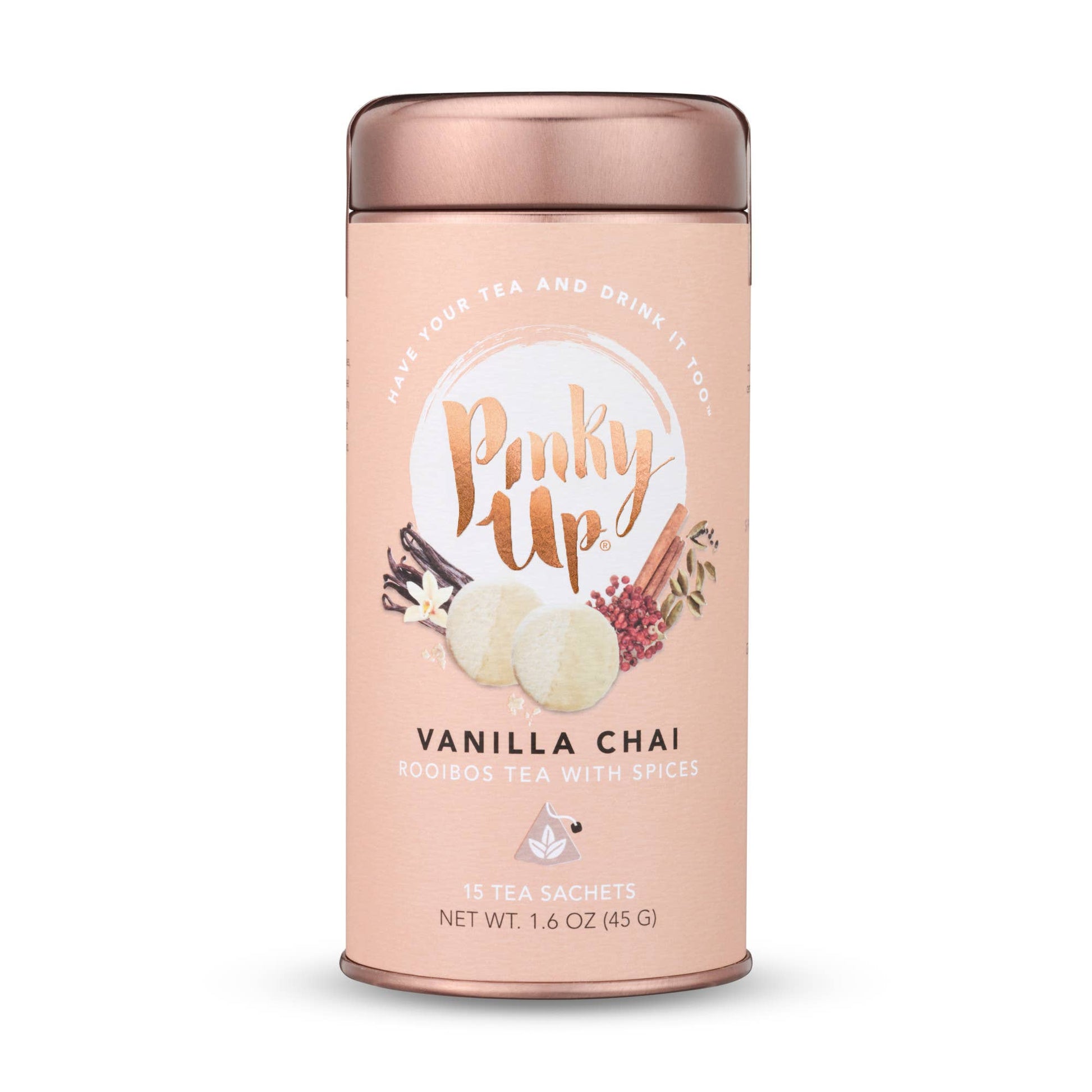 Pink tea canister with 'Pinky Up' branding on a white background
