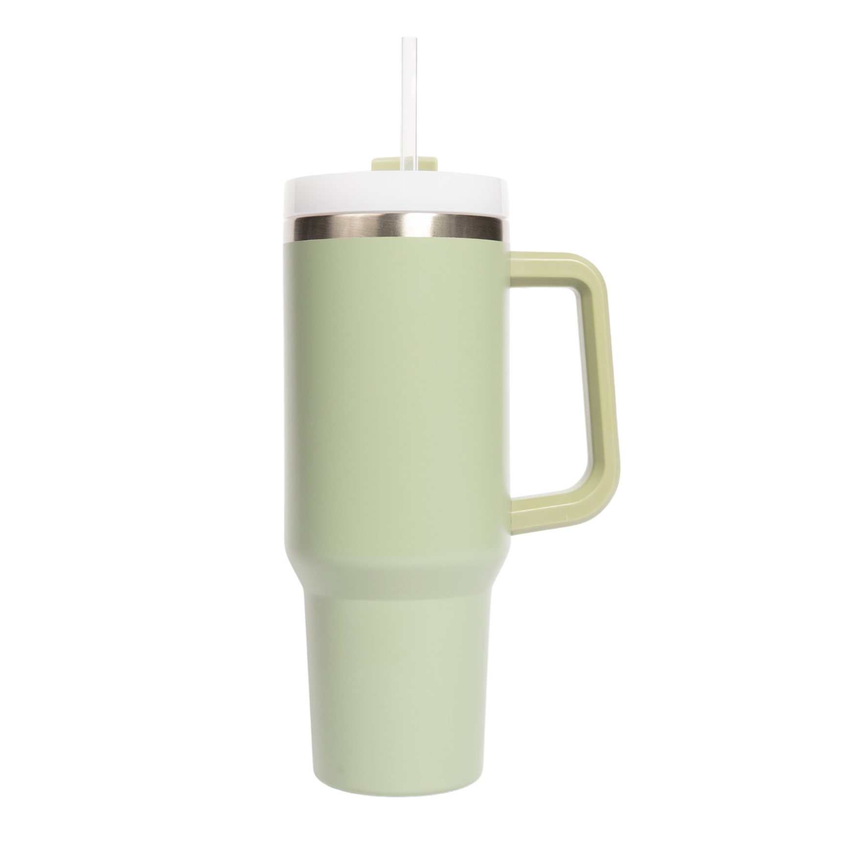 Light green insulated mug with handle on a white background