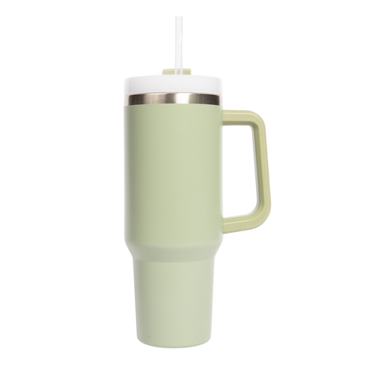 Light green insulated mug with handle on a white background