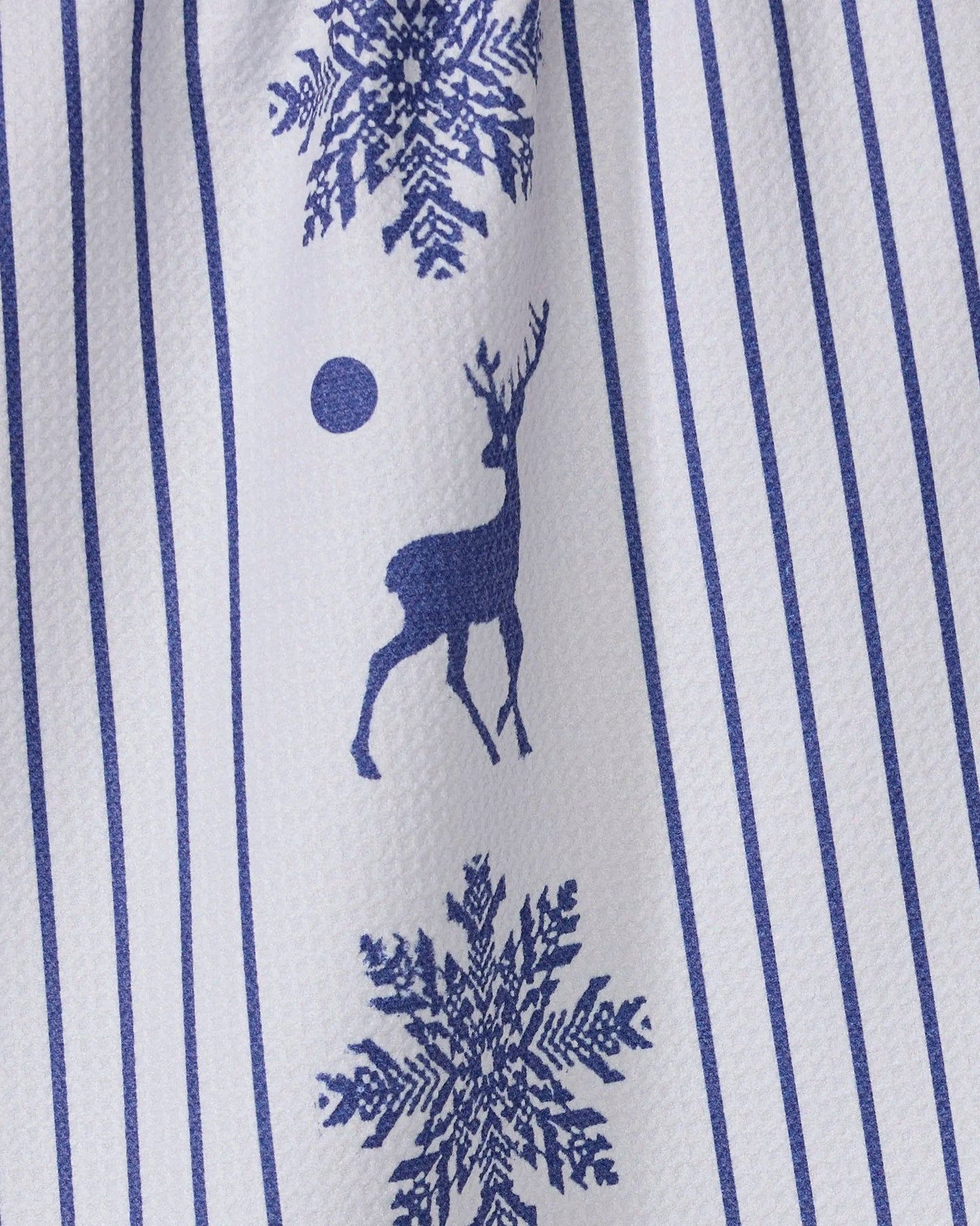 Geometry Tea Towel with Blue deer and snowflake pattern on a white background with blue stripes