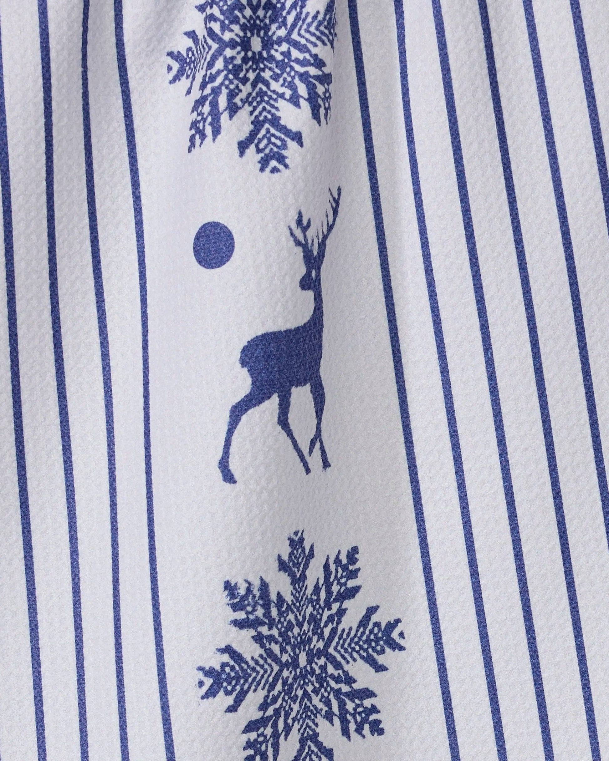 Geometry Tea Towel with Blue deer and snowflake pattern on a white background with blue stripes